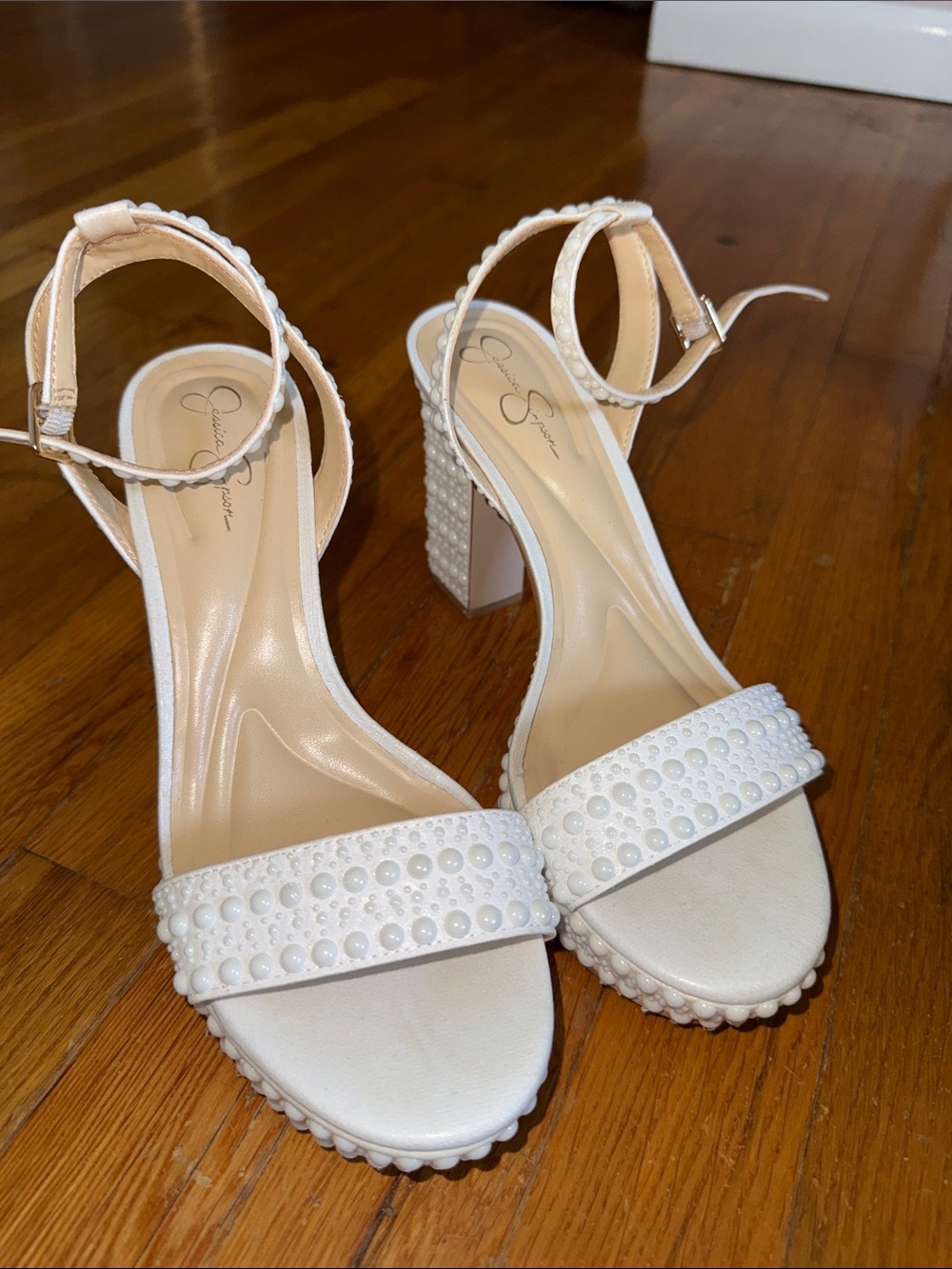 Jessica Simpson Cream Pearl-Embellished Block Heel Sandals